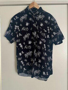 WXYZ Black Asian Script Collared Shirt Streetwear Button Up Men’s XL